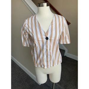 Mango white/tan striped button down short sleeve shirt, size XS